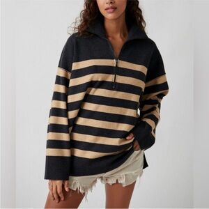 Free People Carbon Camel Coastal Stripe Oversized Pullover Sweater Size Small